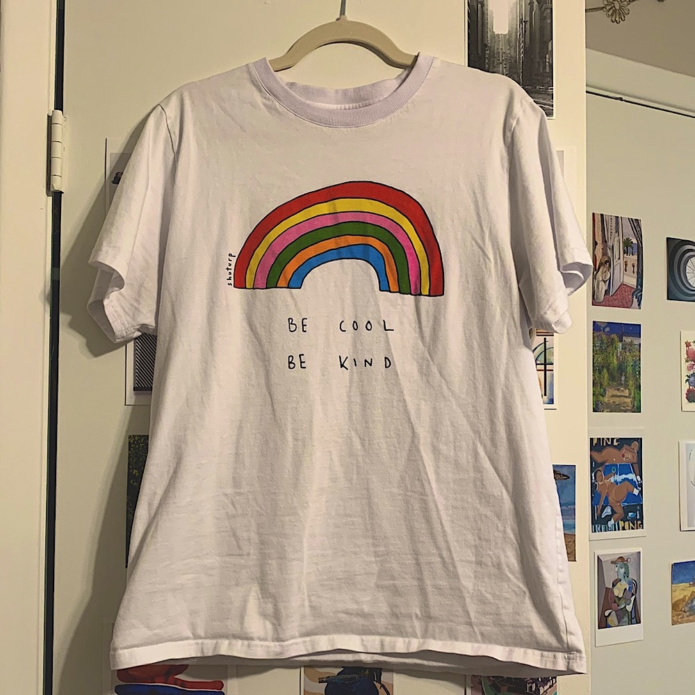 Shuturp be cool be kind rainbow graphic tee